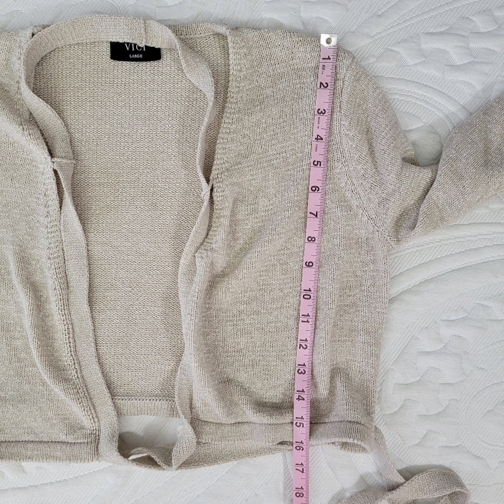 VICI Beige V Neck Long Sleeve Wrap Knit Cardigan Sweater Cropped Long Tie Large - Picture 10 of 10